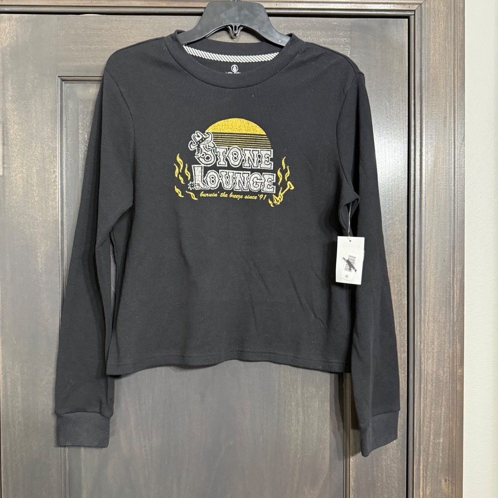 Volcom Stone Lounge Black Waffle Knit Long Sleeve Graphic Top B3632303 Small NWT